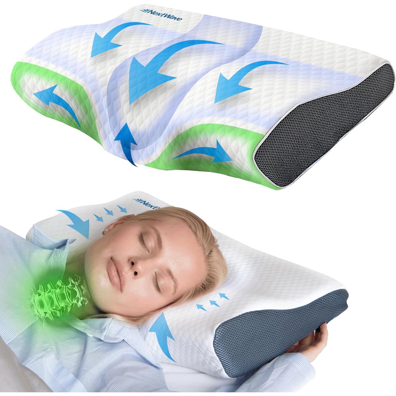 Perna ortopedica pentru dormit NextWave®️, Spuma cu Memorie ergonomica pentru Gat si Suport Cervical, Husa lavabila, Ideala pentru dormitul lateral, spate sau stomac, beneficii medicale