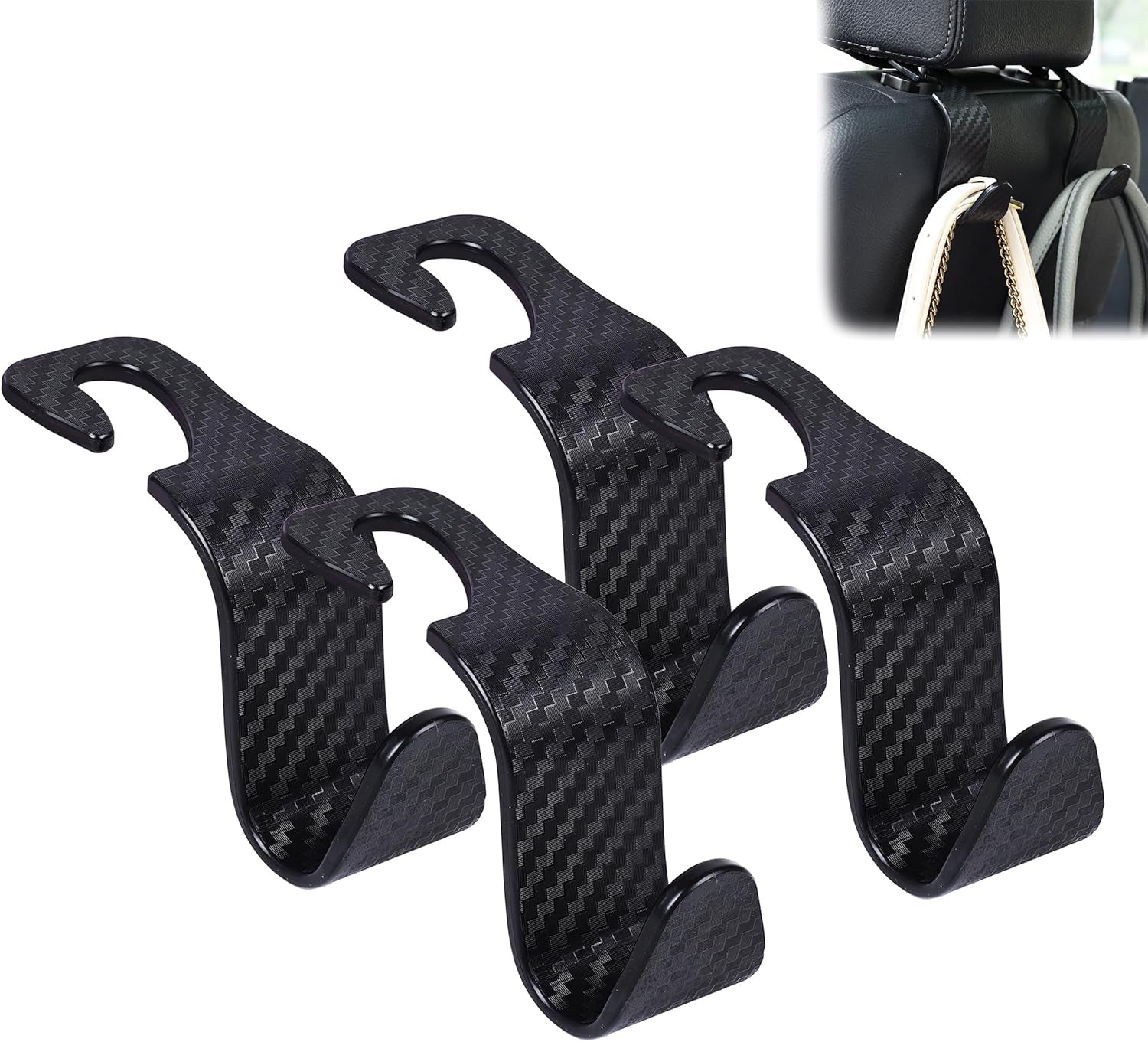 Set 4 carlige spatar auto NextWave®️, textura fibra de carbon, capacitate mare pana la 10 kg, pentru organizare si depozitare, nu ocupa spatiu, culoare neagra