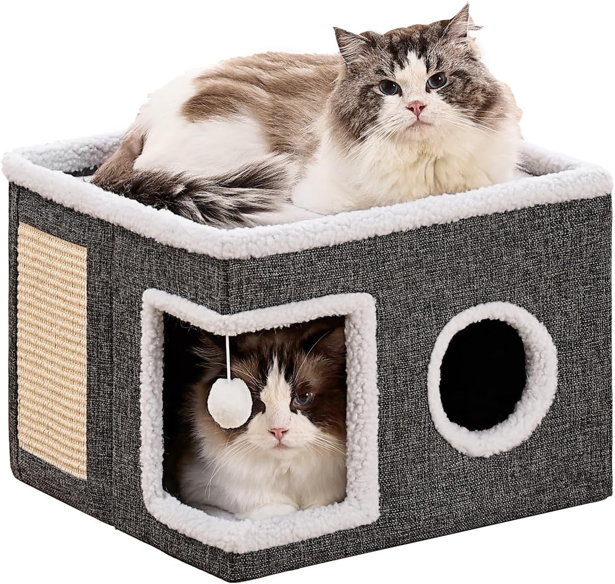Casa Pisici NextWave®, Casuta Pliabila Tip Pestera, Pat Interior cu Platforma Superioara, Ansamblu de Zgariat Sisal, Minge Pufoasa, Perne Reversibile Detasabile, MDF Stabil, pentru Pisici si Animale Mici, 40 x 40 x 32 cm, Gri Inchis