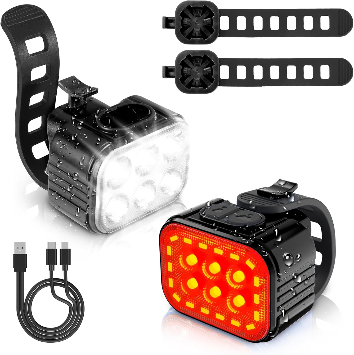 Set lumini bicicleta 25 de LED-uri, BeGenius®, USB reincarcabil cu acumulator 1100mAh, 4 Moduri de Iluminare, Montaj Simplu si Rapid, Rezistent la Apa IP65, Alb/Rosu