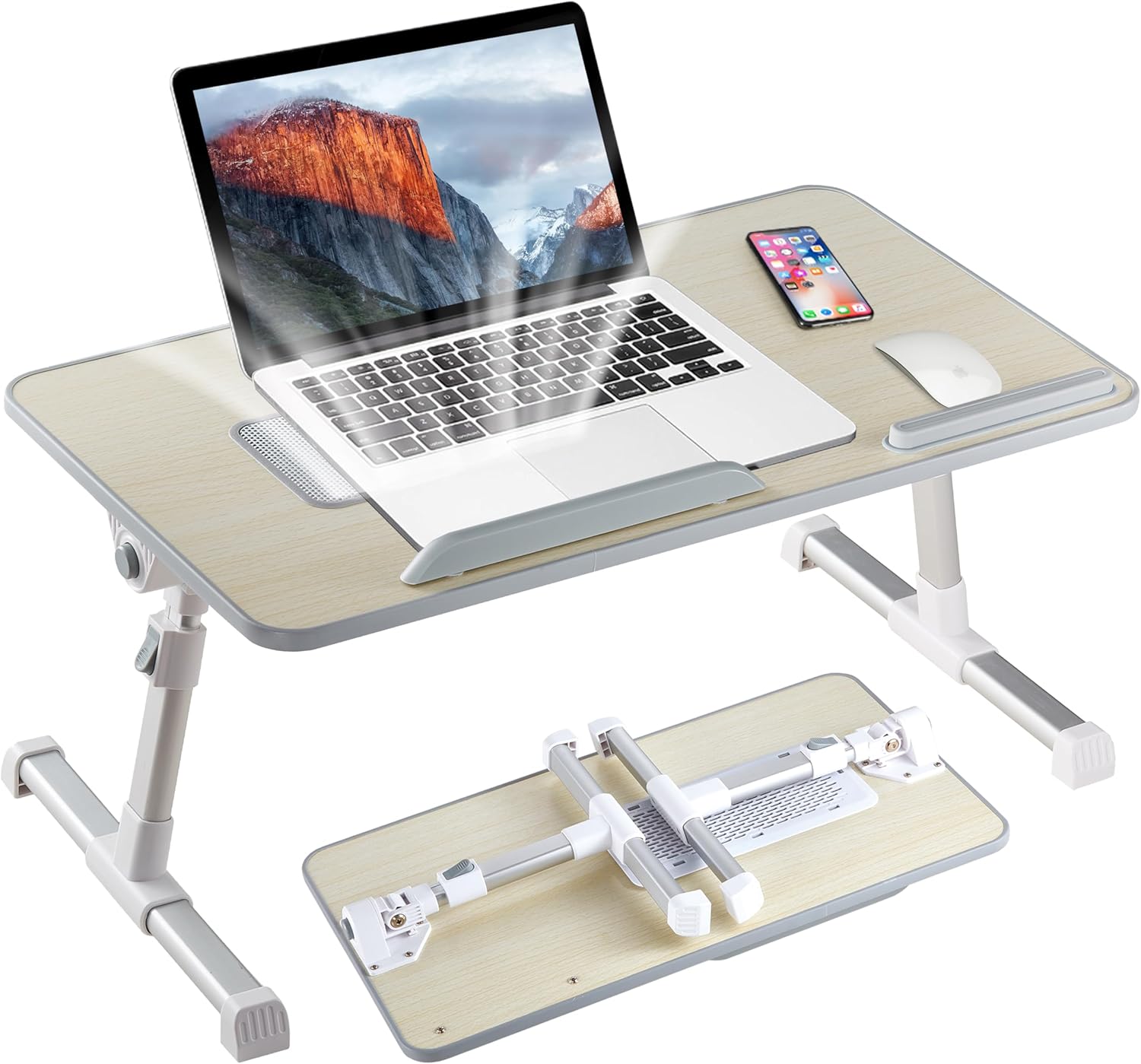 Masa Laptop Pliabila NextWave®, Ventilator Racire USB, Inclinare Ajustabila, Suport Reglabil pentru Pat si Canapea, Picioare Pliabile, Spatiu Mouse, Suport Antialunecare, pentru Laptop pana la 17 inch, Lucru, Citit, Scris