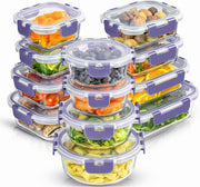 Set 12 Caserole Alimentare din sticla NextWave, Capace Etanse, Depozitare Frigider si Congelator, Potrivite pentru Microunde, Fara BPA, Inchidere cu 4 Clipsuri, Usor de Curatat, Transparent