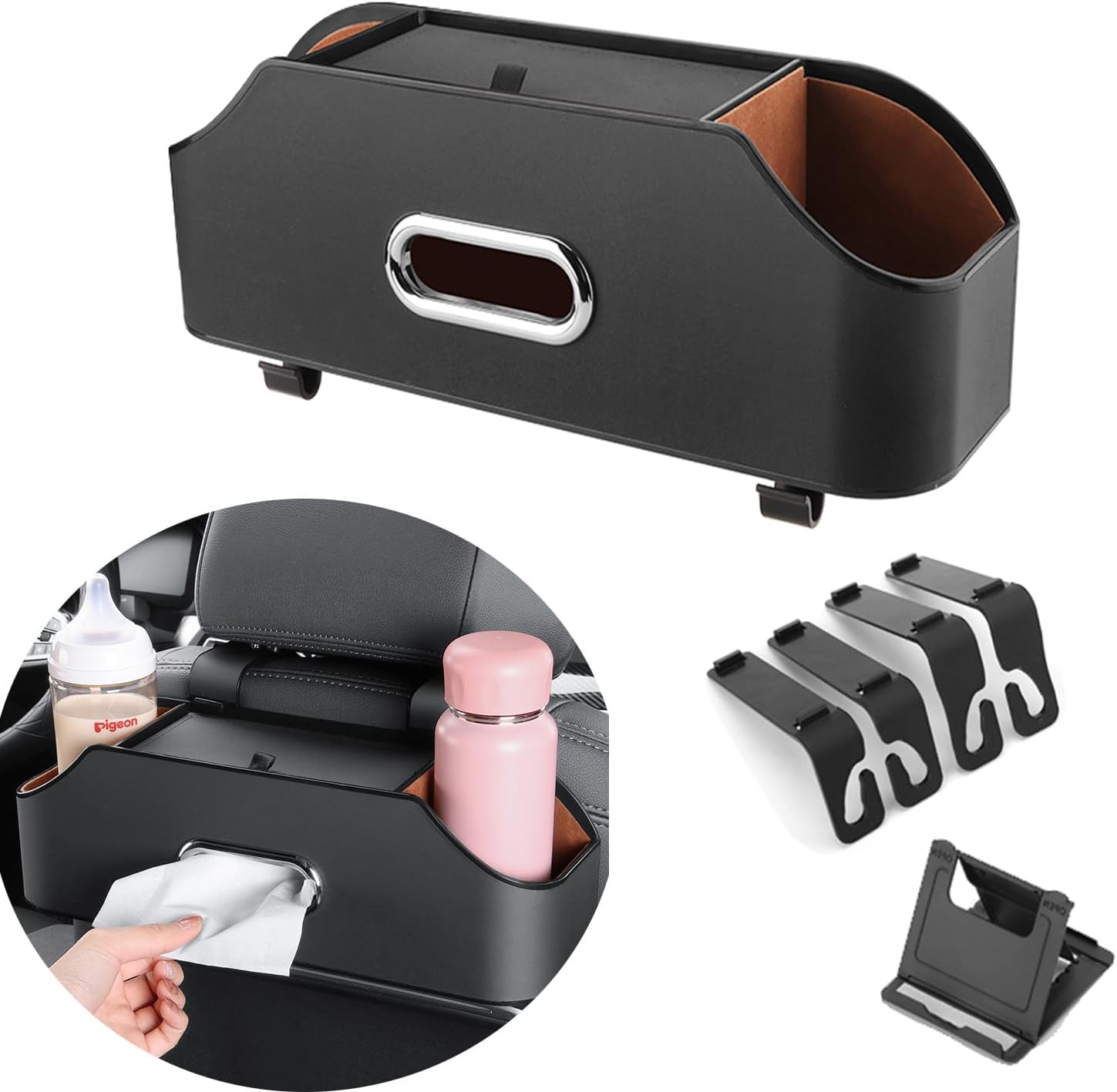 Organizator spatar auto NextWave®️, suport multifunctional cu buzunar pentru tableta, 2 suporturi de pahare, material piele/vinil usor de curatat, dimensiuni 35×9×11, 2 cm