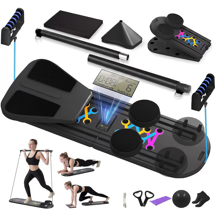 Placa Pilates multifunctionala 6-in-1 NextWave®, antrenament corporal complet si sculptare abdomene, functie rebound, afisaj inteligent cu cronometru si numaratoare, din polipropilena PP, pliabila si portabila, pentru fitness acasa, Negru