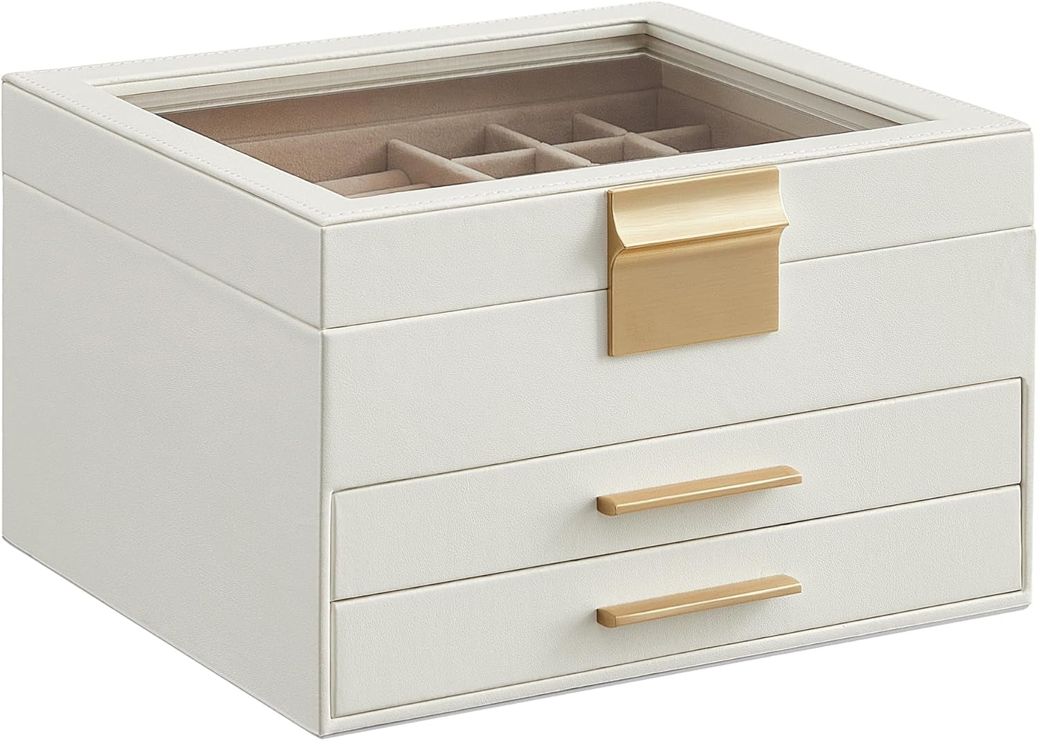 NextWave® Cutie de bijuterii pe 3 niveluri cu 2 sertare – caseta eleganta din piele ecologica neagra cu interior catifelat, spatii dedicate pentru inele, verighete, cercei, bratari si lanturi, design rafinat si compact, ideala pentru organizare, Negru