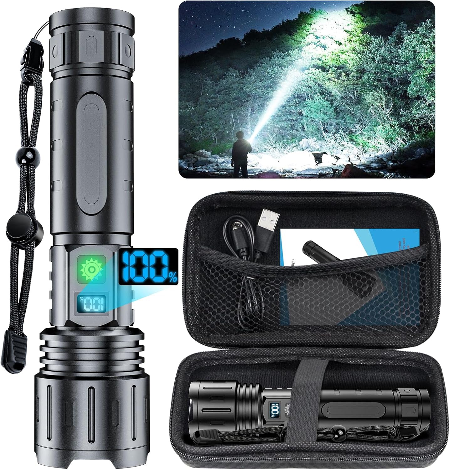 Lanterna BeGenius®, Focalizare Reglabila, 5 Moduri de Putere, LED P70, Baterie 5000 mAh, 2000lm, Iluminare Intensa pe Termen Lung, Rezistenta la Apa, Ideala pentru Camping, Drumetii, Supravietuire, Urgente si Exploarare, Neagra