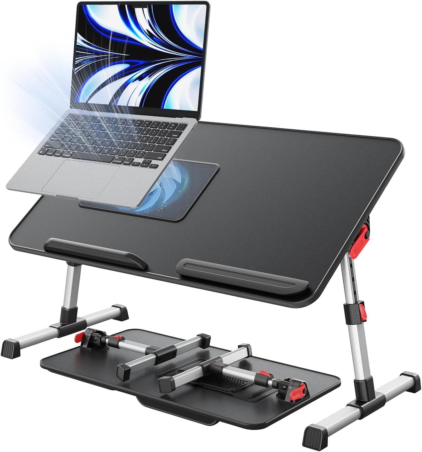Masa Laptop Pliabila NextWave®, Ventilator Racire USB, Inclinare Ajustabila, Suport Reglabil pentru Pat si Canapea, Picioare Pliabile, Spatiu Mouse, Suport Antialunecare, pentru Laptop pana la 17 inch, Lucru, Citit, Scris