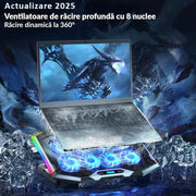 Stand De Racire pentru Laptop BeGenius® cu Suport pentru Telefon, 8 Ventilatoare ultra Silentioase, Cooler Laptop Gaming, Iluminare RGB, 10-45 grade, 2 Porturi USB, pentru Laptopuri pana la 17.3 inch, Negru
