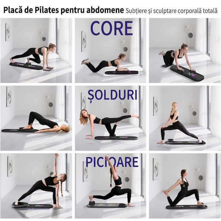 Placa Pilates multifunctionala 6-in-1 NextWave®, antrenament corporal complet si sculptare abdomene, functie rebound, afisaj inteligent cu cronometru si numaratoare, din polipropilena PP, pliabila si portabila, pentru fitness acasa, Negru