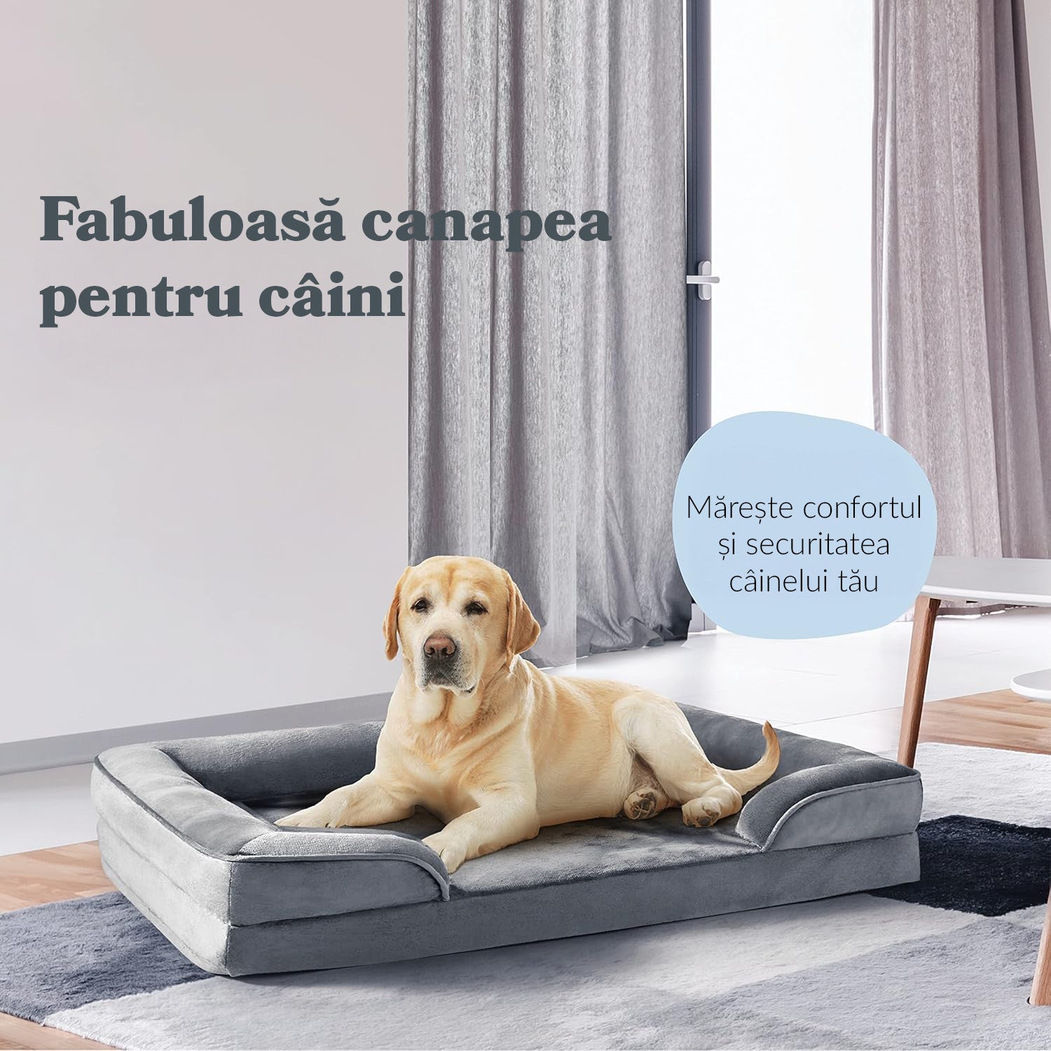 Pat Ortopedic Tip Canapea pentru Caini, Ultra Confortabile pentru Caini de Talie Foarte Mare, Pat Respirabil si Impermeabil pentru Animale, Spuma Tip Ou cu Suport Suplimentar pentru Cap si Gat, Husa Detasabila si Lavabila, Baza Antiderapanta, Marime Mediu
