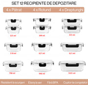 Set 12 Caserole Alimentare din sticla NextWave, Capace Etanse, Depozitare Frigider si Congelator, Potrivite pentru Microunde, Fara BPA, Inchidere cu 4 Clipsuri, Usor de Curatat, Transparent
