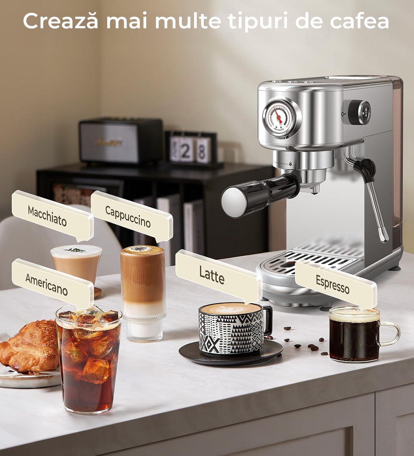 Espressor profesional NextWave® 20 bari, 1350W, rezervor 1.3L, din otel inoxidabil, spumator lapte integrat, functii automate pentru espresso, cappuccino, latte si alte bauturi pe baza de cafea