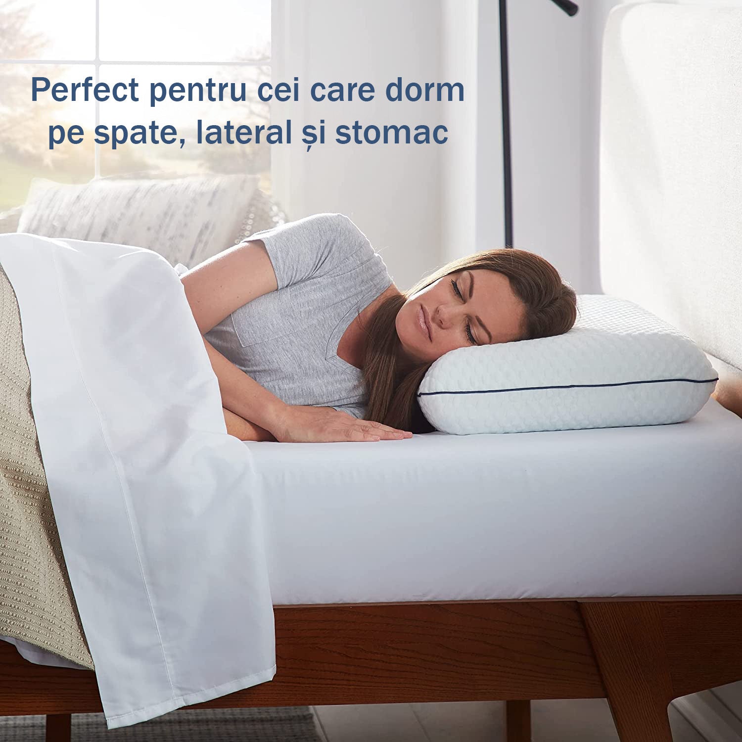 Perna ortopedica pentru dormit NextWave, Spuma cu Memorie cu gel ventilata, Husa detasabila cu 2 zone termice, ergonomica pentru Gat si Suport Cervical, Ideala pentru dormitul lateral, spate sau stomac, 60x40x9 cm