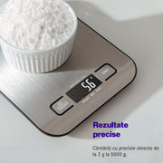 Cantar de bucatarie digital NextWave® din otel inoxidabil 304 – capacitate 5 kg cu precizie de 1 g, display LCD iluminat, 5 unitati de masura (g, kg, oz, ml, lb), functie tare si design compact, ideal pentru gatit si patiserie