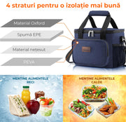 Geanta termoizolanta 9L NextWave® – portabila, cu compartiment spatios si buzunare laterale, curea ajustabila si maner dublu, pastreaza alimentele si bauturile reci sau calde pana la 12 doze de 330 ml, ideala pentru picnic, birou si calatorii, Albastru