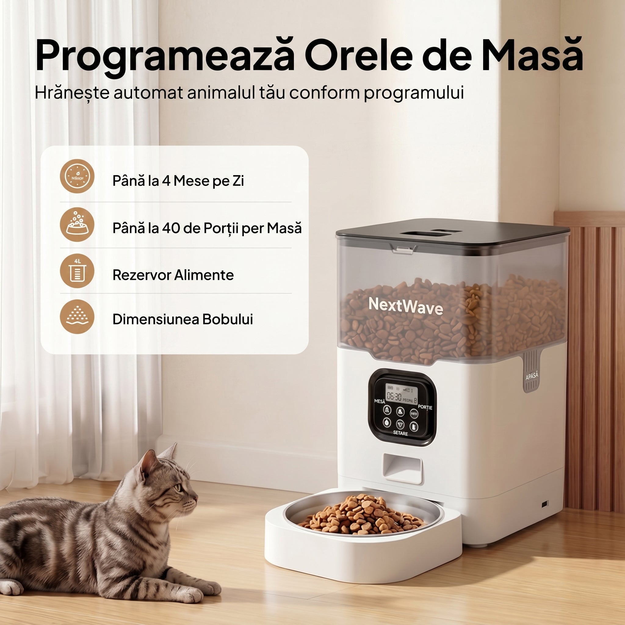 Hranitor Automat Digital Pisici si Caini NextWave®, Dispenser 4L, Rezervor Transparent, Mesaj Vocal Personalizat, 4 Mese/Zi, Control Portii, Hrana Uscata, Anti-Blocare, Protectie Antifurt, Bol Inox, Alimentare Dubla Retea/Baterii, Usor de Curatat, Alb