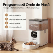Hranitor Automat Digital Pisici si Caini NextWave®, Dispenser 4L, Rezervor Transparent, Mesaj Vocal Personalizat, 4 Mese/Zi, Control Portii, Hrana Uscata, Anti-Blocare, Protectie Antifurt, Bol Inox, Alimentare Dubla Retea/Baterii, Usor de Curatat, Alb
