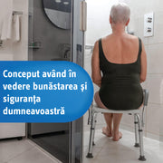 Scaun de dus si cada NextWave® cu spatar si brate captusite, inaltime reglabila 41–53 cm, suport greutate 160 kg, cadru din aluminiu usor si rezistent, picioare anti-alunecare, ideal pentru varstnici si persoane cu mobilitate redusa