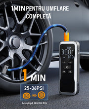 Compresor auto portabil digital NextWave®, debit 34 L/min, presiune 150 PSI, alimentare 12V DC si acumulator reincarcabil, oprire automata, ecran LCD, Power Bank si lumina LED SOS – pentru anvelope auto, motociclete, biciclete si mingi, Negru Metalic