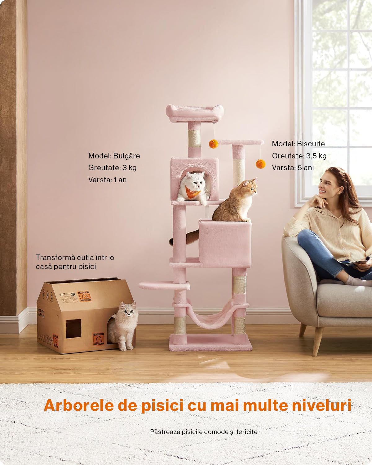 Ansamblu de Joaca pentru pisici, NextWave®, tip turn, 2 platforme de observatie, 3 niveluri, 2 casuta, 5 stalpi pentru zgariat, hamac, mingiute de joaca, inaltime 155 cm, roz