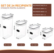 Set 24 cutii depozitare alimente NextWave® – plastic alimentar transparent fara BPA, capace etanse cu garnitura, 4 dimensiuni mixte, reutilizabile si stivuibile, ideale pentru paste, faina, zahar, cereale, orez si alte alimente uscate, cu etichete si mark