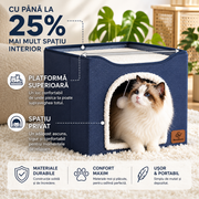 Casa pentru pisici NextWave® cu doua zone, bila pufoasa si zona de zgariat, Pliabila, Moale si pufoasa, Respirabila, Usoara, Marime 42x42x33 cm