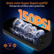 Compresor portabil electric NextWave® – pompa de aer reincarcabila 6000 mAh, presiune 0, 1-10, 3 bar (150 PSI), display digital, LED iluminare, 4 moduri presetate pentru masina, motocicleta, bicicleta si mingi, incarcare USB-C