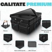 Organizator portbagaj auto pliabil NextWave®️, capacitate mare 55×40×26 cm, compartimentare cu separator detasabil, 2 placi de baza, chingi de fixare, capac inclus, material poliester rezistent