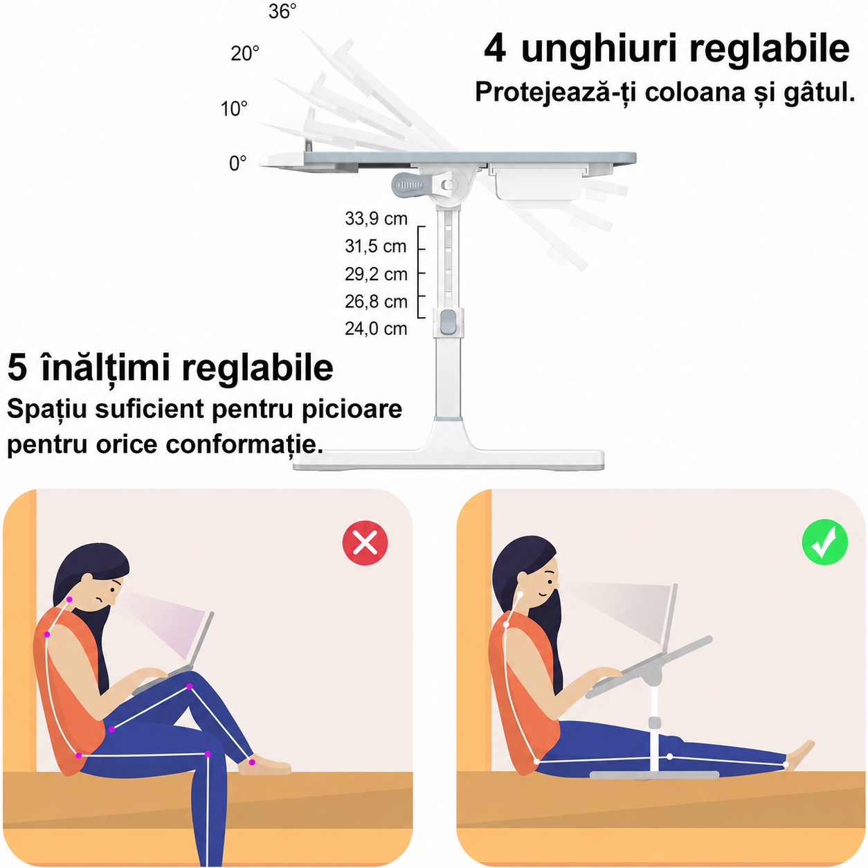 Masa Laptop Pliabila NextWave®, Suport Reglabil pentru Pat si Canapea, Inaltime si Inclinare Ajustabila, Picioare Pliabile, Opritor Antialunecare, pentru Laptop, Lucru, Citit, Scris, Blat Alb cu Model Marmura