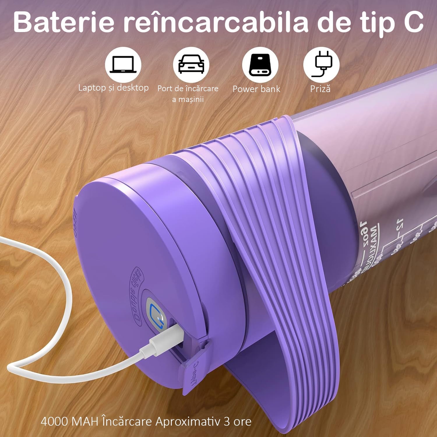 Mini Blender Electric NextWave™, Portabil, Multifunctional, Auto-curatare, Autonomie Mare, Baterie reincarcabila 4000mAh, Smoothie, legume si fructe, Milk shake, Fresh, 460 ml, 6 Lame 3D, mov