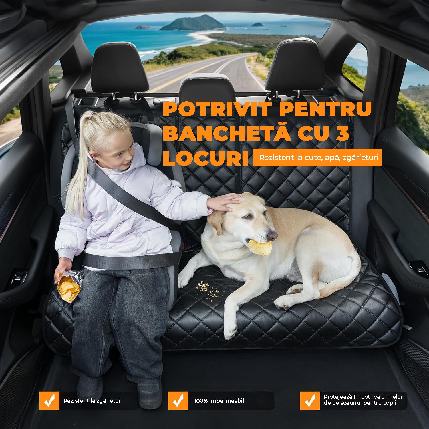 Husa scaune auto protectie si transport animale NextWave®️, universala, taxi, ride sharing, caini, pisici ofera protectie bancheta spate, antialunecare, impermeabila, Piele PU, 133cm, neagra