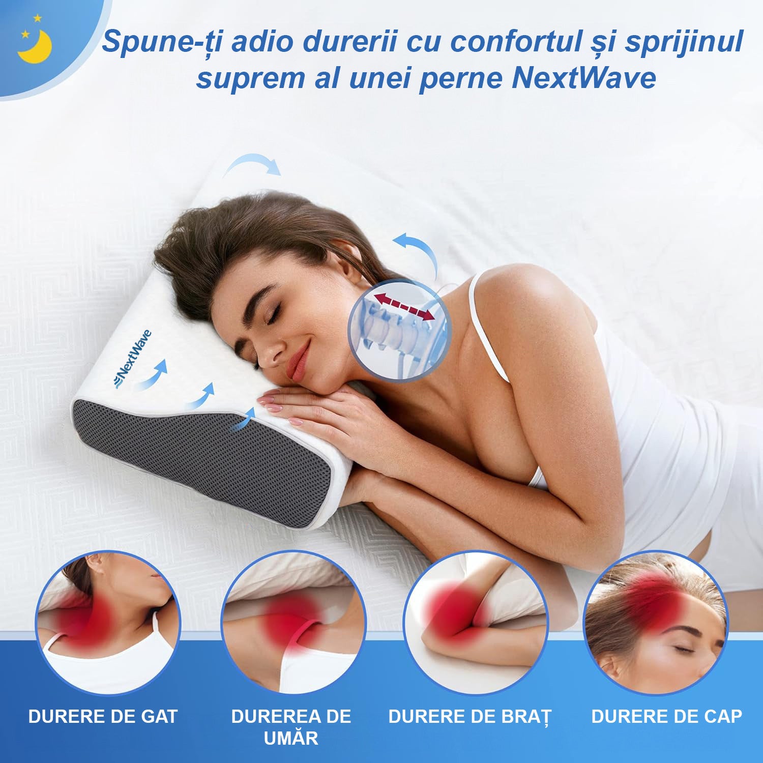 Perna ortopedica pentru dormit NextWave®️, Spuma cu Memorie ergonomica pentru Gat si Suport Cervical, Husa lavabila, Ideala pentru dormitul lateral, spate sau stomac, beneficii medicale