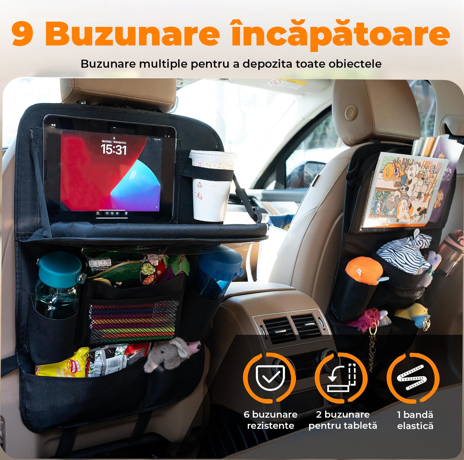 Husa spatar scaun auto NextWave®️, husa protectoare impermeabila pentru scaune, tava pliabila tip masa pentru tableta sau gustari, 9 buzunare multifunctionale pentru sticle, jucarii si accesorii, montaj universal, design durabil si usor de curatat