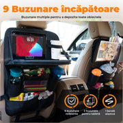 Husa spatar scaun auto NextWave®️, husa protectoare impermeabila pentru scaune, tava pliabila tip masa pentru tableta sau gustari, 9 buzunare multifunctionale pentru sticle, jucarii si accesorii, montaj universal, design durabil si usor de curatat