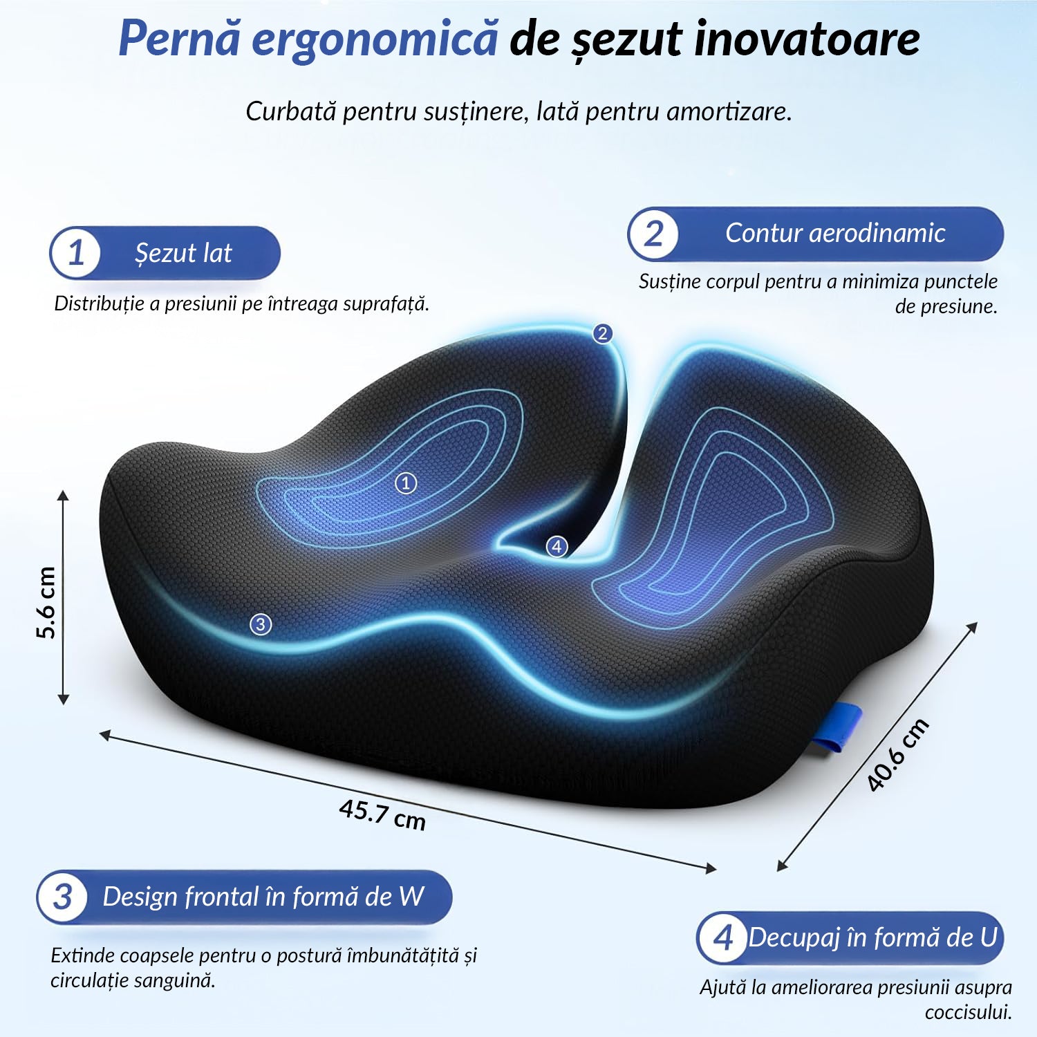 Perna ortopedica NextWave® pentru scaun – spuma cu memorie de inalta densitate, design ergonomic, husa detasabila respirabila, baza antiderapanta, pentru ameliorarea durerilor de sciatica, coccis, hemoroizi si spate, 46×41×5,6 cm, negru