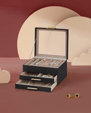 NextWave® Cutie de bijuterii pe 3 niveluri cu 2 sertare – caseta eleganta din piele ecologica neagra cu interior catifelat, spatii dedicate pentru inele, verighete, cercei, bratari si lanturi, design rafinat si compact, ideala pentru organizare, Negru