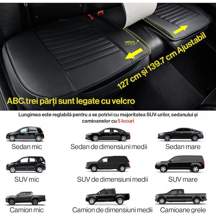 Husa scaun auto ajustabila spate NextWave®️, universala, 127-140 cm, ofera protectie pentru sezut bancheta spate, piele PU, anti-alunecare, design elegant cu buzunare pentru depozitare, Negru