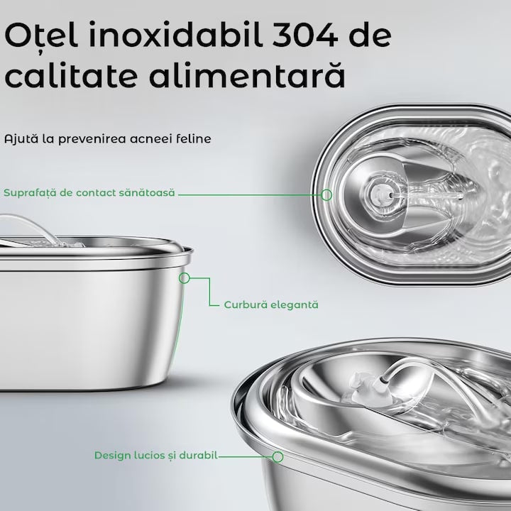 Dispenser apa automat tip fantana NextWave® pentru pisici si caini, cu fereastra mare pentru nivelul apei, purificare si filtrare prin carbune activ, otel inoxidabil 304, ultra-silentiosa, USB C, adaptor priza, model rotund, capacitate 2L, Argintiu