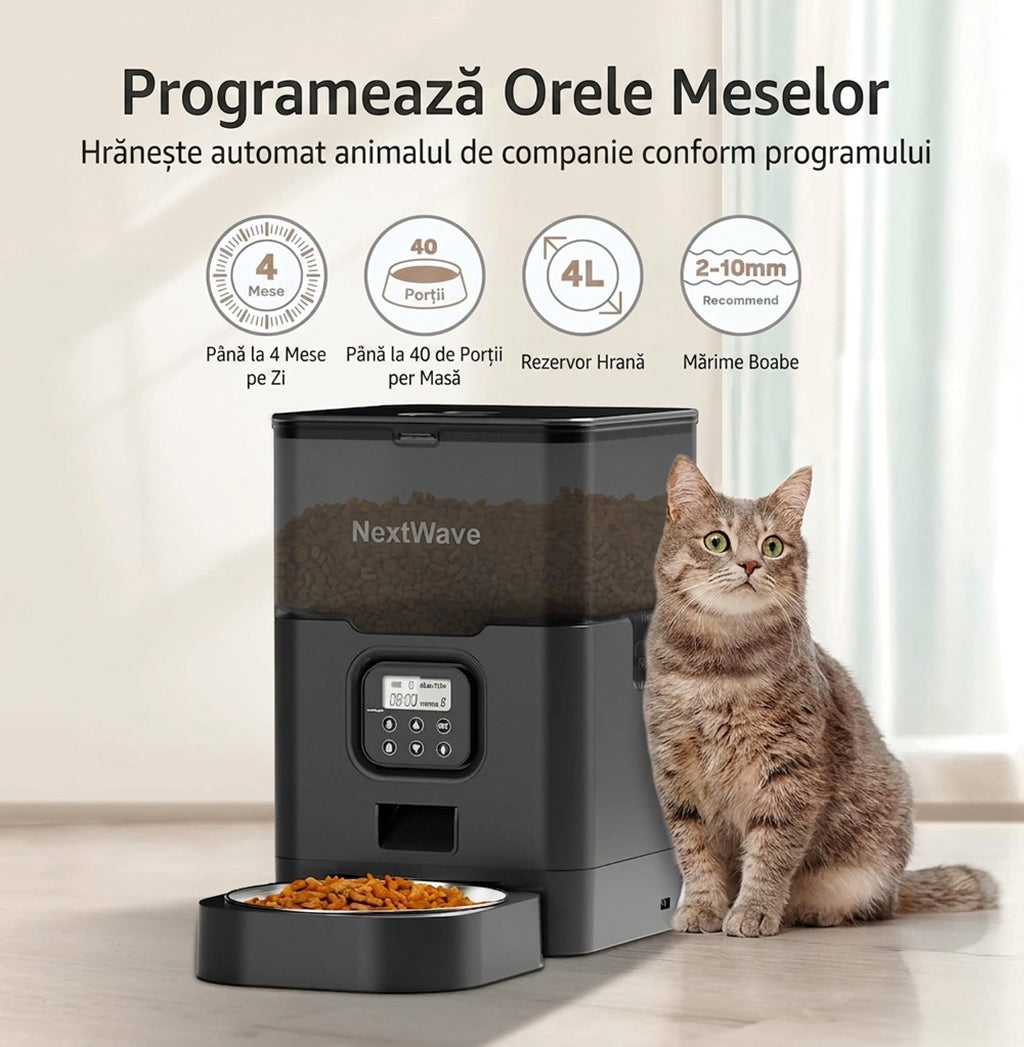 Hranitor Automat Digital Pisici si Caini NextWave®, Dispenser 4L, Rezervor Transparent, Mesaj Vocal Personalizat, 4 Mese/Zi, Control Portii, Hrana Uscata, Anti-Blocare, Protectie Antifurt, Bol Inox, Alimentare Dubla Retea/Baterii, Usor de Curatat, Negru
