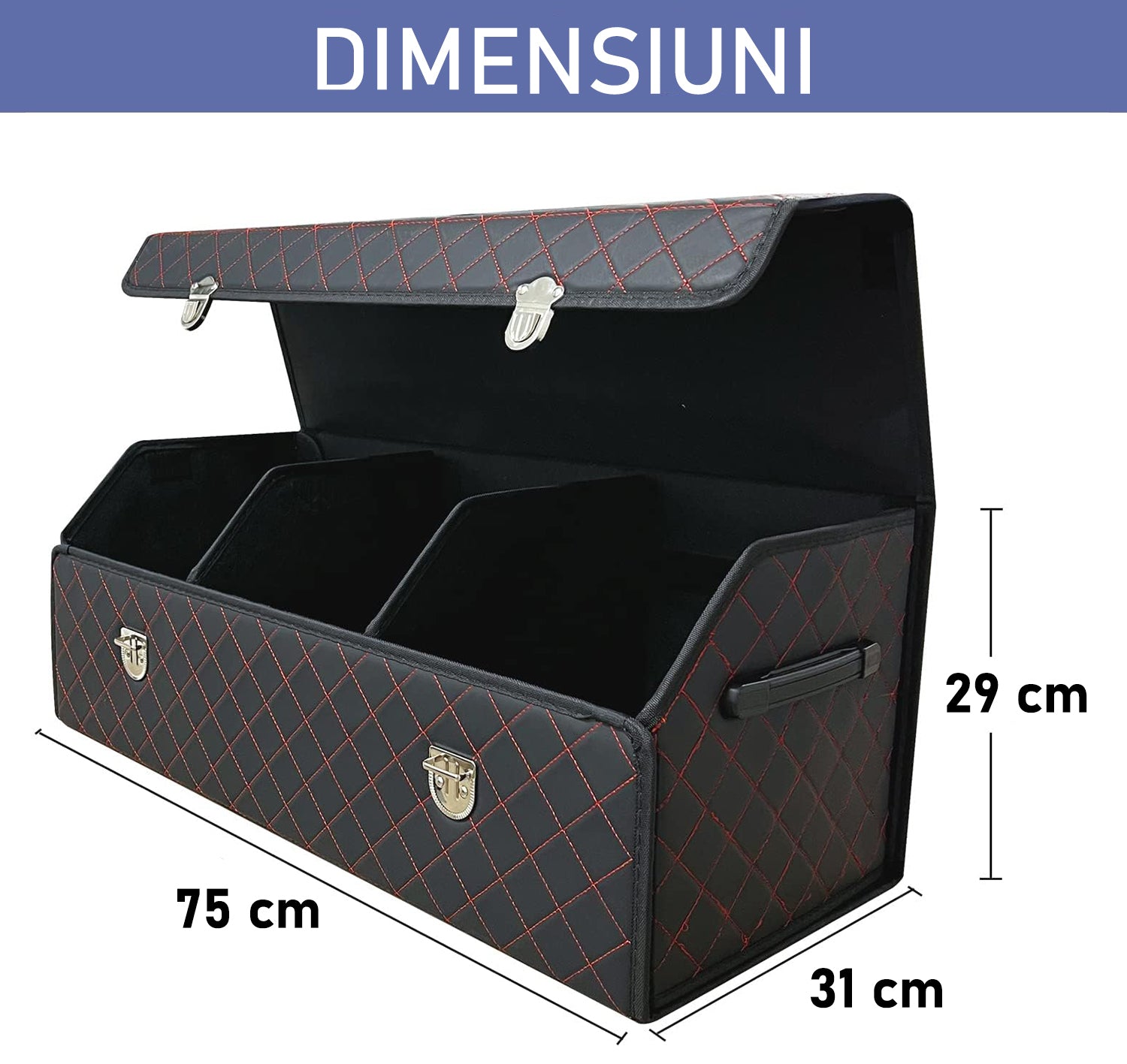 Organizator portbagaj auto Premium NextWave®️, Multifunctional, Pliabil, Rezistent, Manere Laterale, Prindere cu catarame, 3 compartimente mari, 75x31x30 cm, Rosu Negru