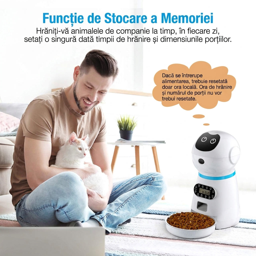 Hranitor Automat Digital Pisici si Caini NextWave®, Dispenser Hrana 3.5L, Bol Inox Premium, Control Portii, Mesaj Vocal Personalizat, Programare 4 Mese/Zi, Temporizator Digital, Senzor Infrarosu Anti-Blocare, Alimentare Dubla Priza/Baterii, 1.5W, Alb