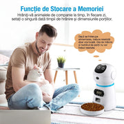 Hranitor Automat Digital Pisici si Caini NextWave®, Dispenser Hrana 3.5L, Bol Inox Premium, Control Portii, Mesaj Vocal Personalizat, Programare 4 Mese/Zi, Temporizator Digital, Senzor Infrarosu Anti-Blocare, Alimentare Dubla Priza/Baterii, 1.5W, Alb