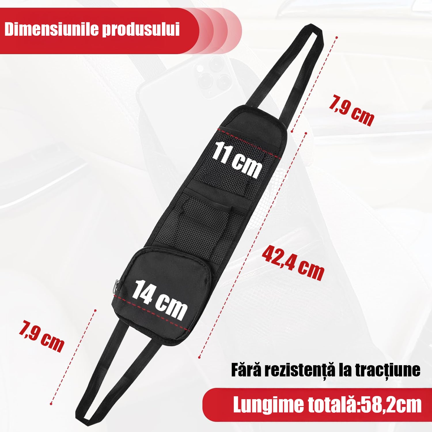 Set 2 huse laterale depozitare auto NextWave®️, organizatoare cu plasa si buzunare multiple pentru accesorii, montaj universal pe scaune, prindere elastica rezistenta, material durabil, dimensiuni 58,2×14×7,9 cm
