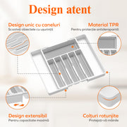 Organizator extensibil pentru tacamuri si ustensile de bucatarie NextWave® – suport sertar ajustabil 33–57 cm, cu 7–9 compartimente modulare, plastic rezistent BPA-free, design compact si practic pentru depozitare ordonata in bucatarie, Negru