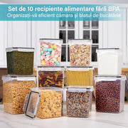 Set 10 recipiente ermetice pentru depozitare alimente NextWave® – plastic BPA Free, capace sigilabile, stivuibile, pentru organizare bucatarie si camara, ideale pentru cereale, orez, faina, zahar, paste si leguminoase