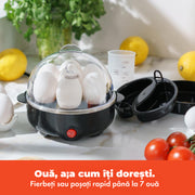 Aparat electric NextWave® pentru fiert oua – 360W, capacitate 7 oua, fierbere moale/medie/tare, functie posare si omleta, tava inclusa, oprire automata, carcasa cu inox, Negru