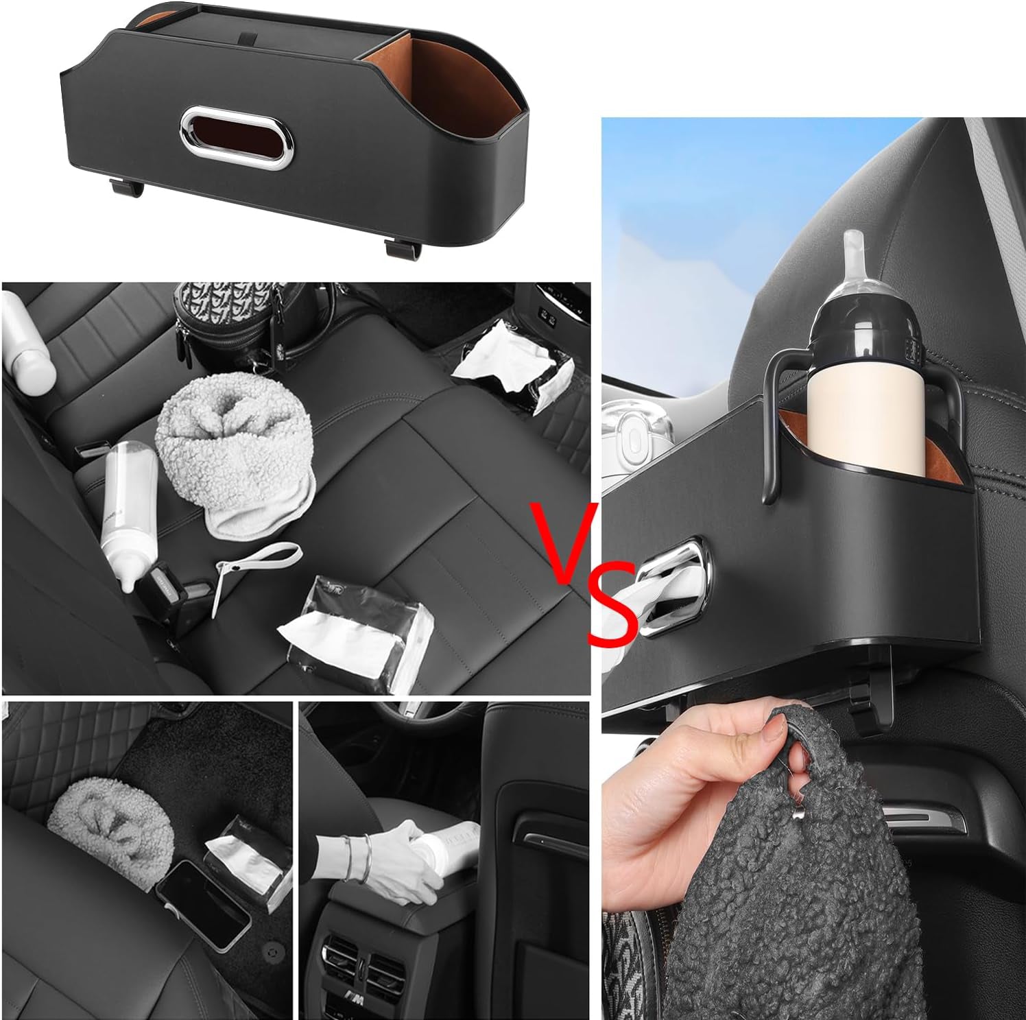 Organizator spatar auto NextWave®️, suport multifunctional cu buzunar pentru tableta, 2 suporturi de pahare, material piele/vinil usor de curatat, dimensiuni 35×9×11, 2 cm