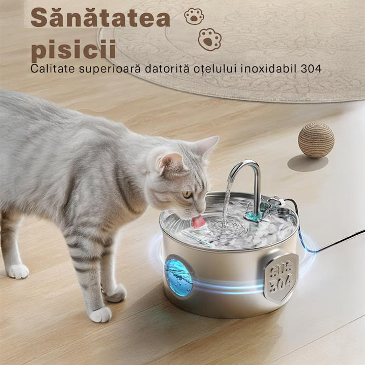 Dispenser apa automat tip fantana NextWave® pentru pisici si caini, cu fereastra mare pentru nivelul apei, purificare si filtrare prin carbune activ, otel inoxidabil 304, ultra-silentiosa, USB C, adaptor priza, model rotund, capacitate 3.1L, Argintiu
