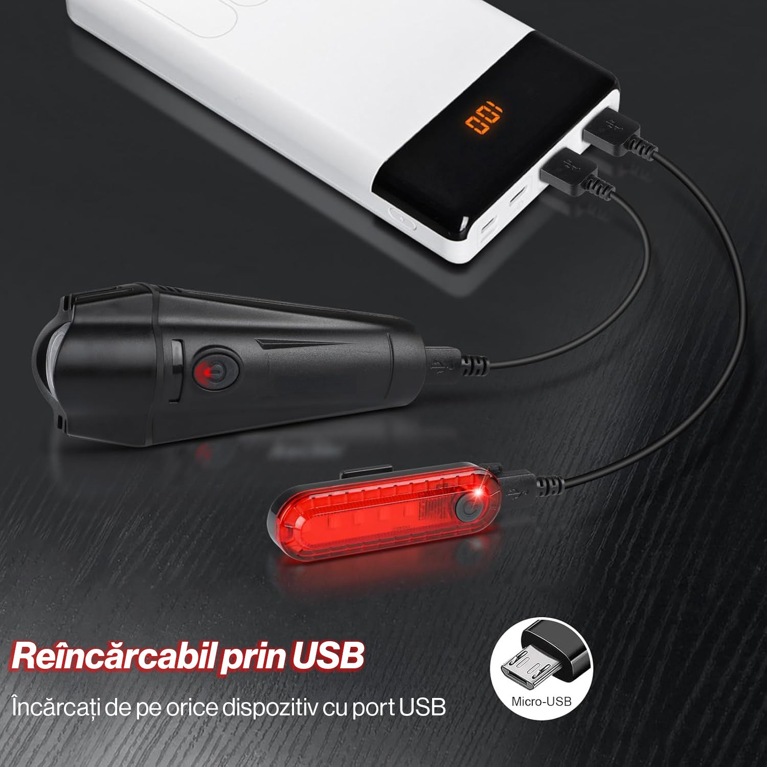 Set Lumini Bicicleta, Trotineta Fata Spate BeGenius®, Far si Stop Reincarcabil USB, Far 4 Moduri si Stop cu 4 Moduri de Functionare, Vizibil pe Timp de Noapte si Zi, Montaj Simplu si Rapid, Rezistent la Apa IP65, Negru