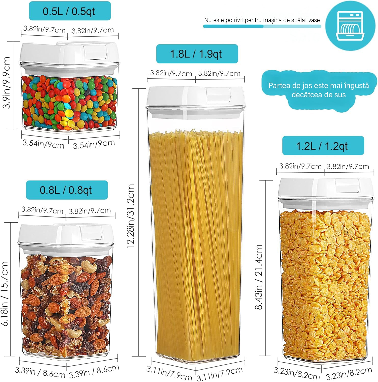 Set 7 cutii depozitare alimente NextWave® – plastic alimentar transparent fara BPA, inchidere ermetica cu garnitura de silicon, stivuibile si reutilizabile, ideale pentru cereale, faina, zahar, orez, paste si alte alimente uscate